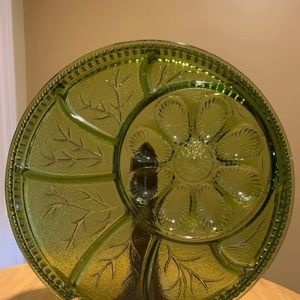 Vintage Green Indiana Glass Relish and Deviled Egg Platter